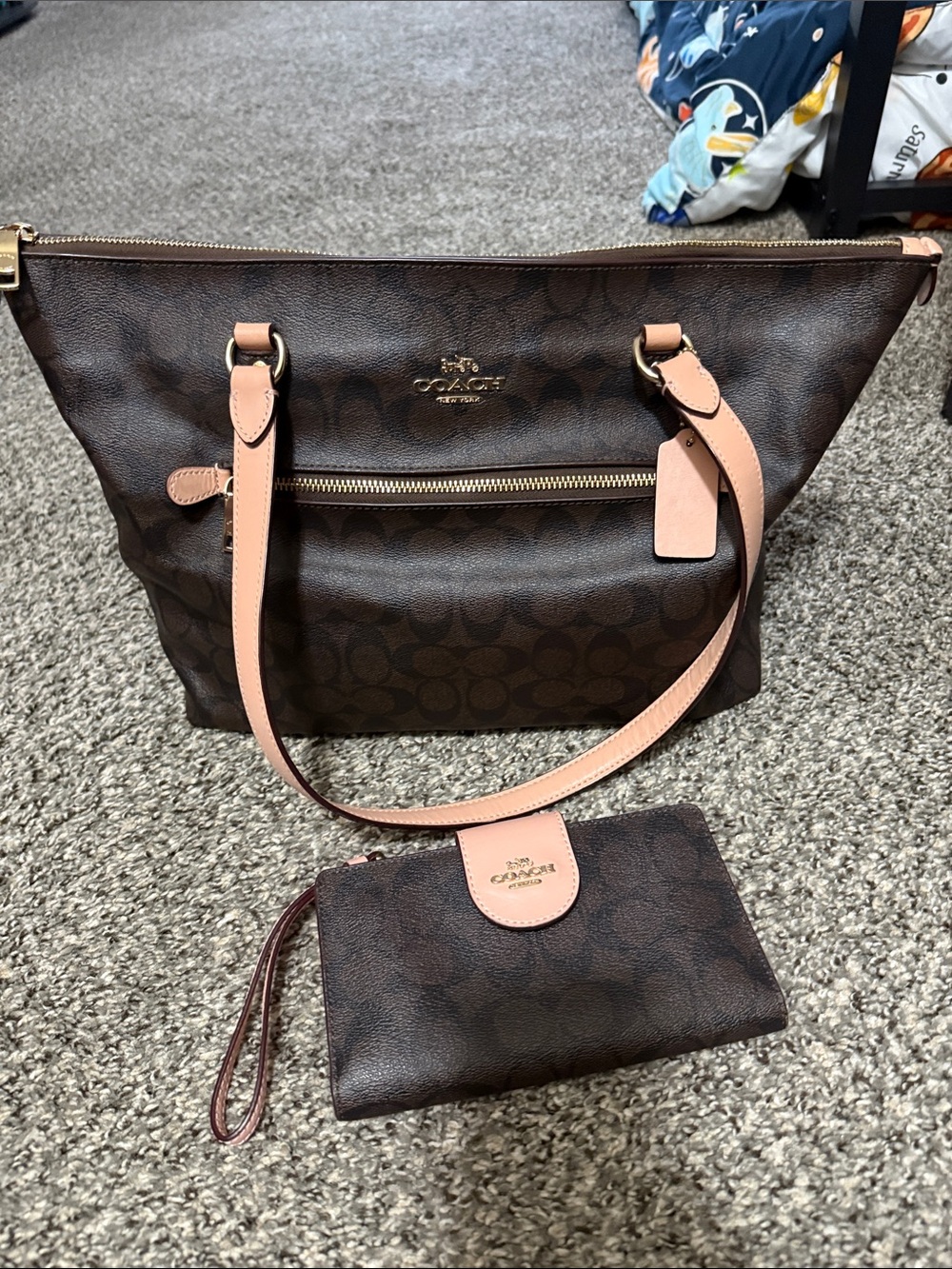 Coach Brown Signature Tote with Pink Trim and Wristlet